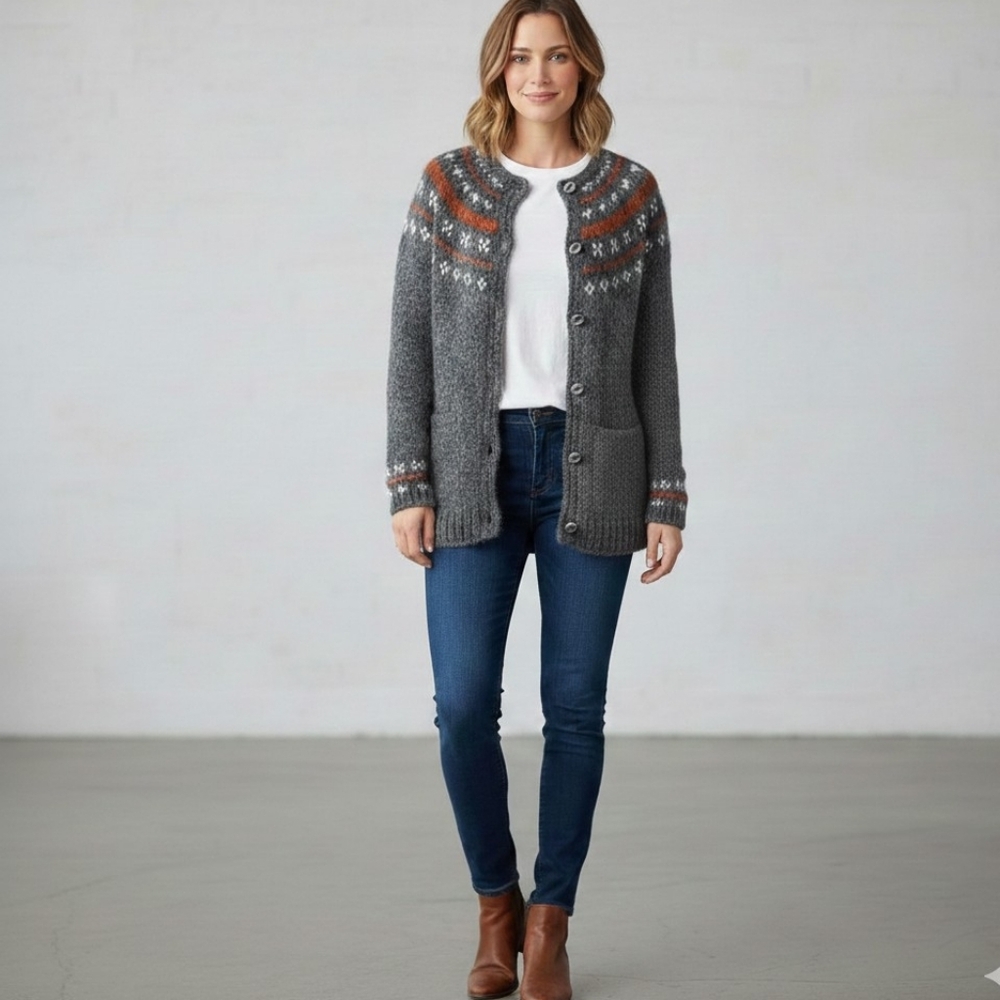 Hand Knit Alpaca Blend Cardigan Gray Nordic Fair Isle Button Front Sz S/M